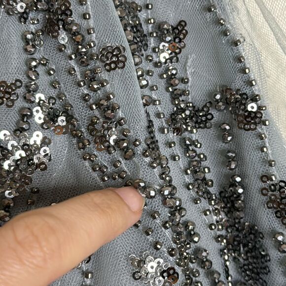 Mac Duggal EMBELLISHED V NECK LONG SLEEVE A LINE GOWN in platinum blue size 12 - Picture 8 of 16